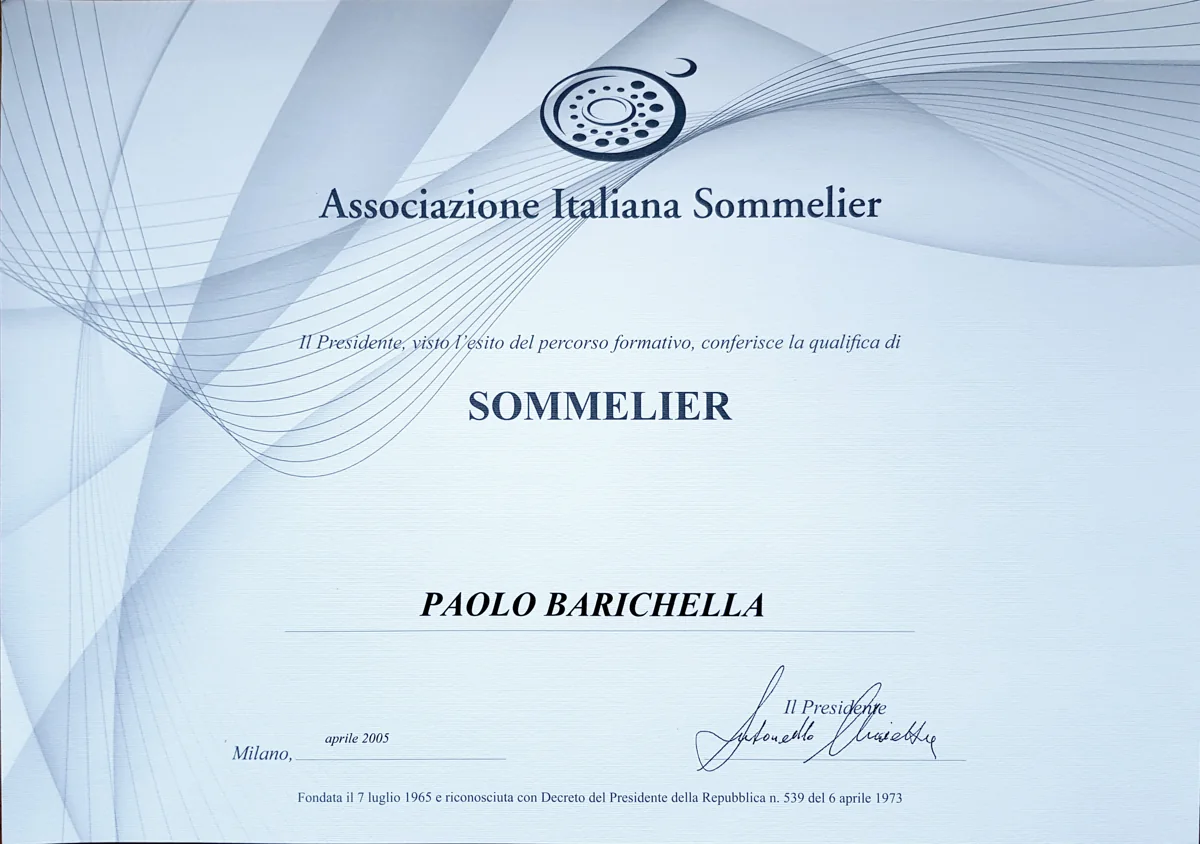 Associazione Italiana Sommelier diploma conferring the Sommelier qualification on Paolo Barichella, Milan, April 2005