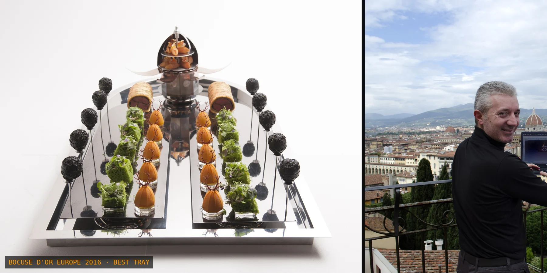 The Team Italy competition tray at the Bocuse d'Or Europe 2016, awarded Best Tray, and Paolo Barichella designing it in Florence