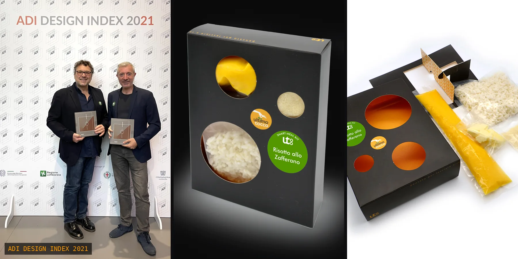 Paolo Barichella and Mauro Olivieri at the ADI Design Index 2021 wall, and the Ultimo Tocco Gourmet SmartBox closed and open