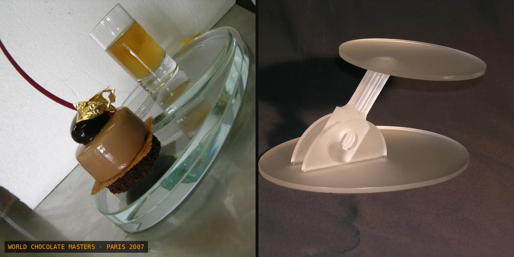 World Chocolate Masters 2007: Carmelo Sciampagna's chocolate dessert on a clear-glass support, and a satin-glass dessert stand designed by Paolo Barichella