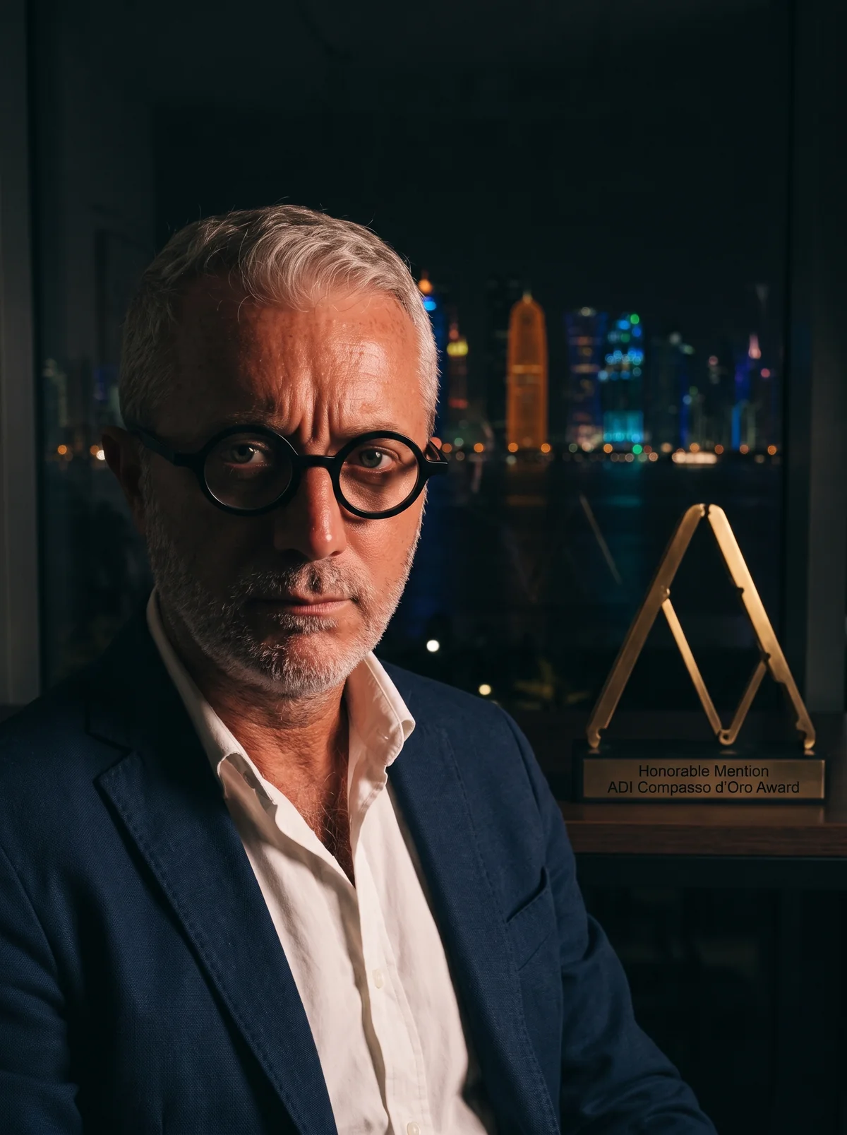 Paolo Barichella in Doha at night, the West Bay skyline behind him and the Compasso d'Oro ADI Honourable Mention beside him