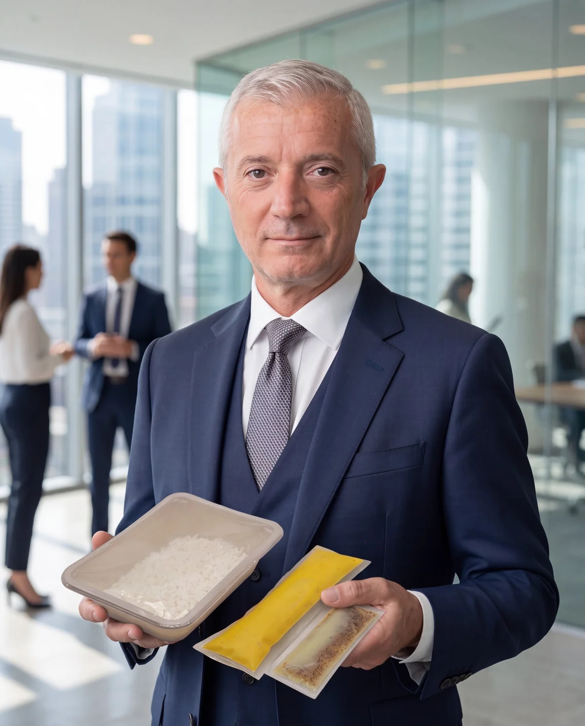 Paolo Barichella holding the three elements of the Gourmet SmartBox: a tray of rice and two sealed pouches of sauce