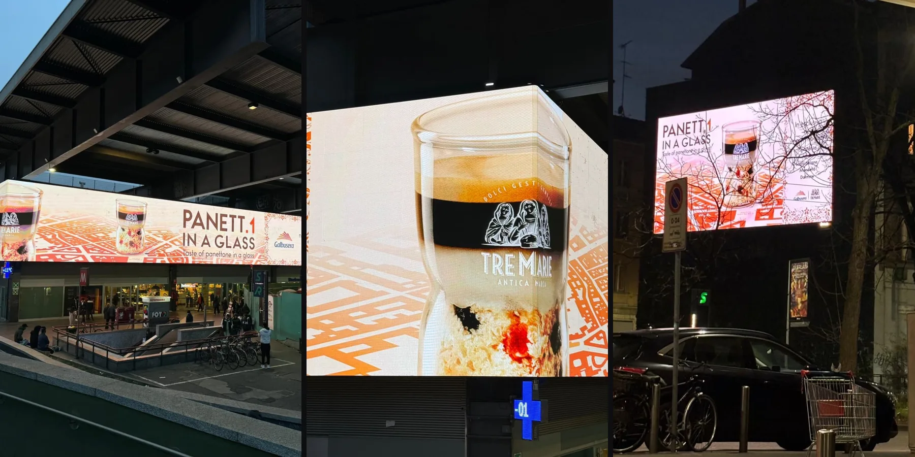 Panett.1 in a Glass billboard campaign in Milan: station canopy, corner digital screen and street billboard